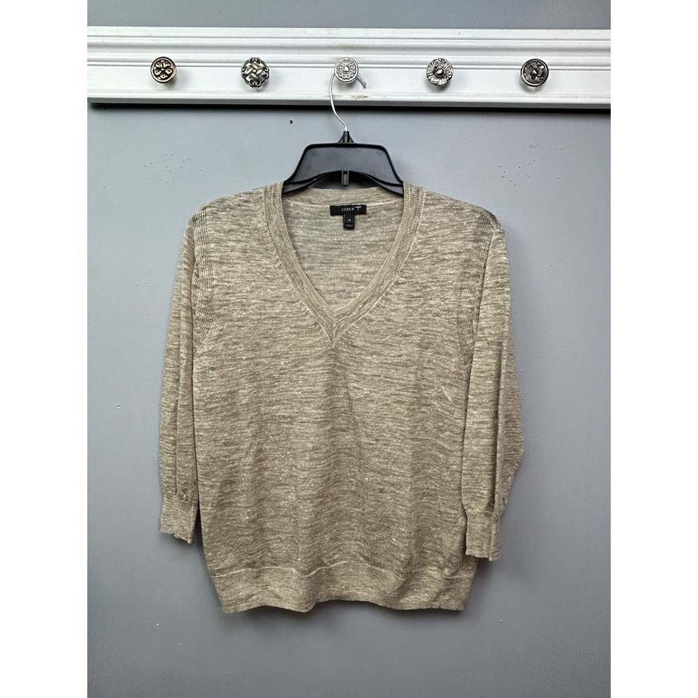 J. Crew Sweater Womens XS Tan Linen Blend V-Neck 3/4 Sleeve Marled Neutral Light